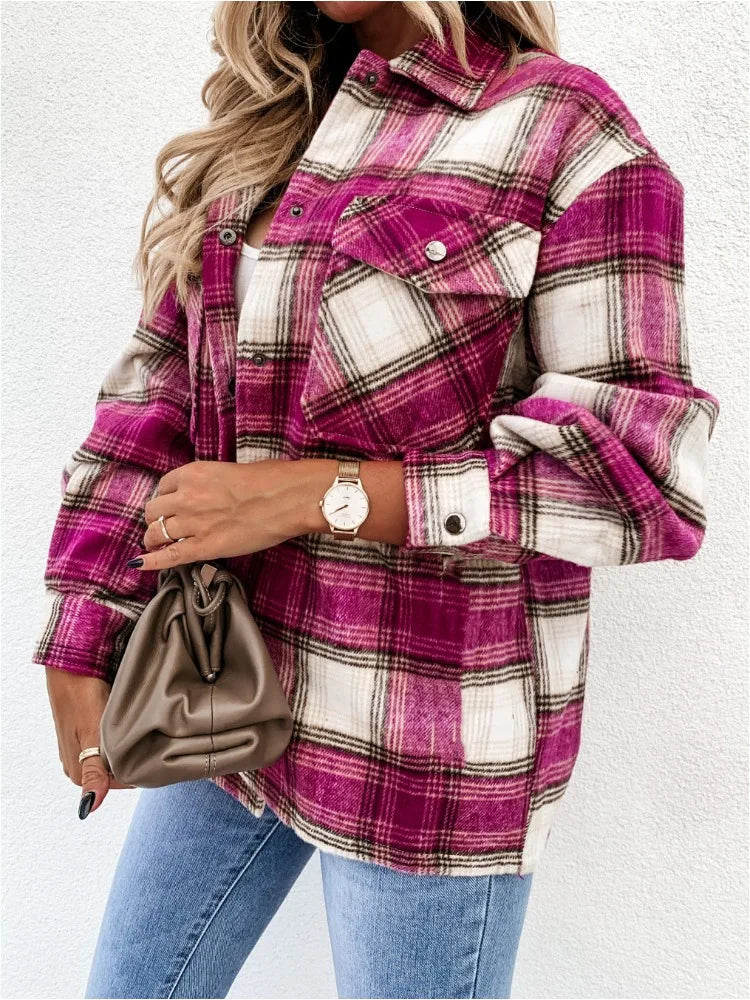 Ingvn  Women‘s Trendy Retro Plaid Shacket Oversized Flannel Shirt Jacket Ladies Pocket Long Sleeve Open Front Casual Checkered Top Fall