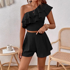 Ingvn  Women's Solid Ruffle One-Shoulder Crop Top High Waist Shorts 2 Piece Set