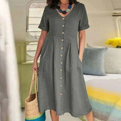Ingvn  Spring Summer New Solid Color Loose High Waist Cotton Linen Dress