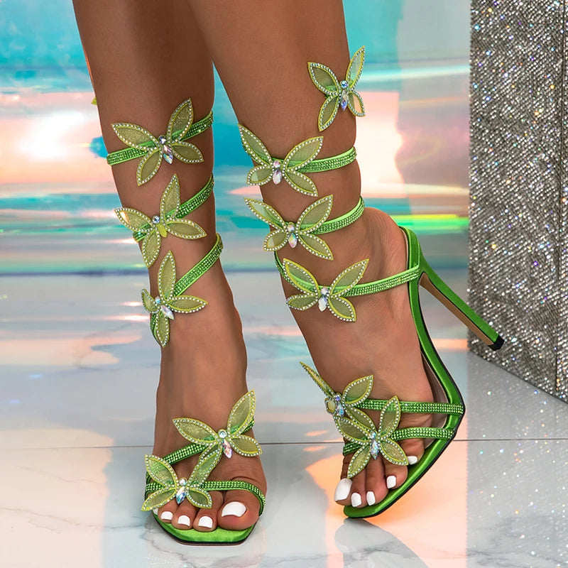 Ingvn  Summer Fashion Crystal Butterfly Ankle Strap Sandals Women Wedding Banquet Shoes Sexy Square Toe Green High Heels Size 42