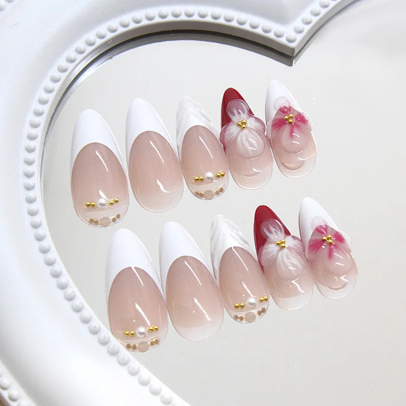 Ingvn  24pcs Cheap press on Nails White Sweet False Nails for Girls 3d Flower Almond Self-adhesive Fake Nail with Glue Glued Nails
