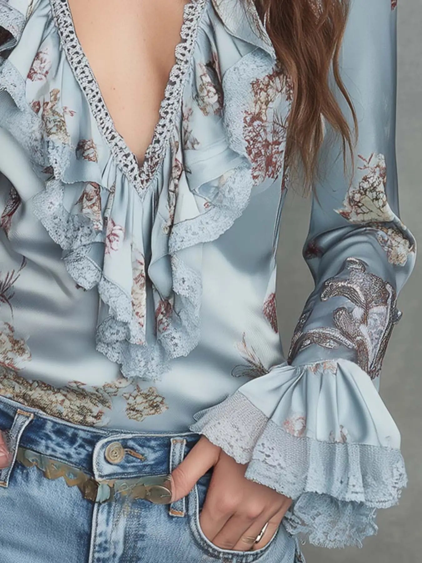 Ingvn  Women Satin Floral Print Blouse Lapel V‑Neck Lace Ruffle Trim Long Flare Cuff Sleeve Shirt Elegant Vintage Boho Shirt Blouse