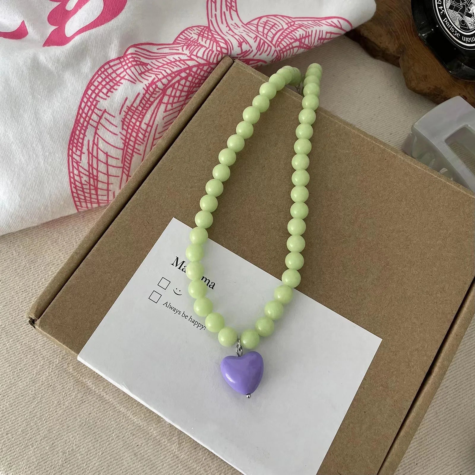 Ingvn  New Color Beaded Chain Resin Heart Pendant Necklace For Women Girls Trendy Clavicle Chain Delicate Jewelry Gift