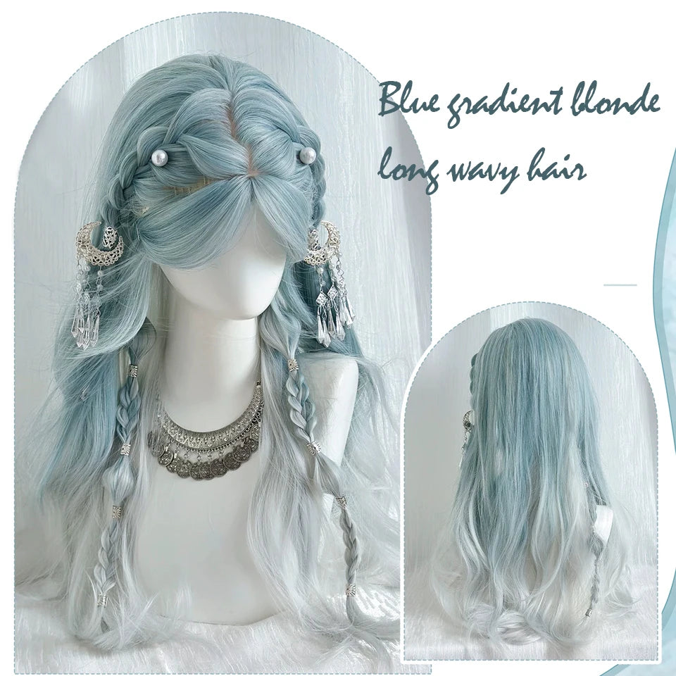 Ingvn - Long Wavy Ombre Blue Wig Synthetic Natural Lolita Wig Orange Green Halloween Cosplay Costume Wig for Women Daily Wear