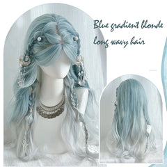 Ingvn - Long Wavy Ombre Blue Wig Synthetic Natural Lolita Wig Orange Green Halloween Cosplay Costume Wig for Women Daily Wear
