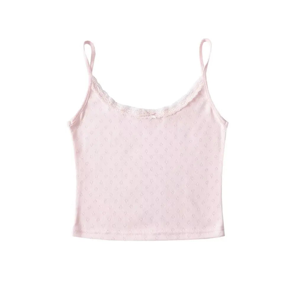 Ingvn  4 colors Sexy Women White Bow O neck Knitted Hollow Out hole Tank Top Slim T-shirts Summer Girl Base Camisole Crop top