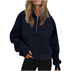 Ingvn - Autumn Winter New Arrival Womens Sports Half Zip Loose Solid Color Versatile Cropped Hooded Fleece Casual Pullover Sweatshirt