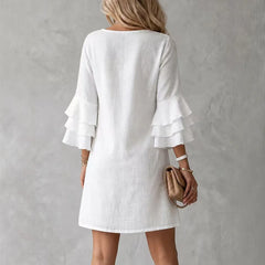 Ingvn  Women's Summer Dress Fashion Solid Color Loose Ruffled Sleeve Elegant V-Neck Simple Mini Dresses For Women Casual Clothing