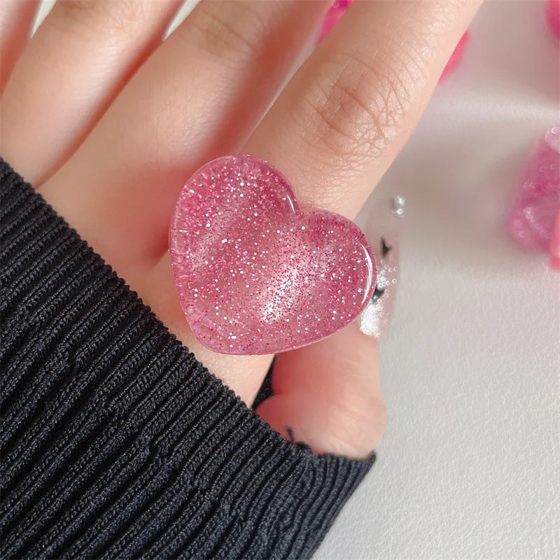 Pink Resin Geometric Ring for Women Girls Colorful Acrylic Bear Bowknot Heart Finger Ring Trendy Aesthetic Jewelry Accessories