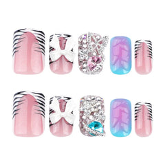 Ingvn  24pcs French Press on Nails Black and White Zebra Print Rhinestone Fake Nails Mid Square Nail Tips Artificial Nails for Sticking