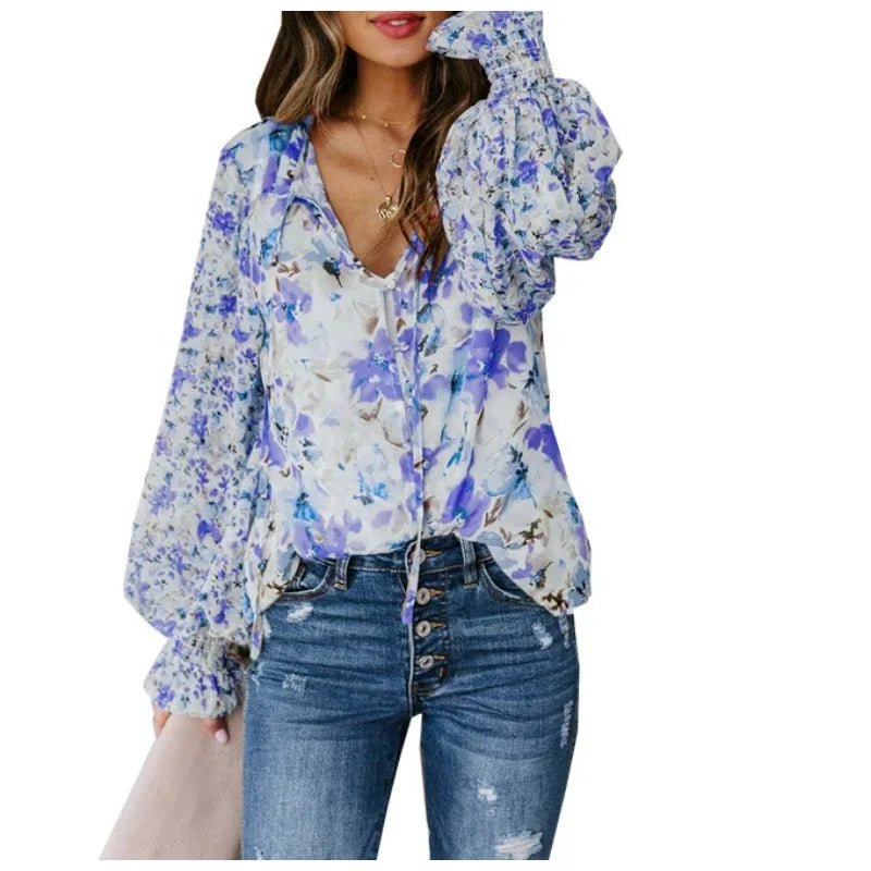 Ingvn - Women's Summer Floral Print V Neck Long Sleeve Blouse Ruffle Cuff Button Down Casual Loose Chiffon Shirt