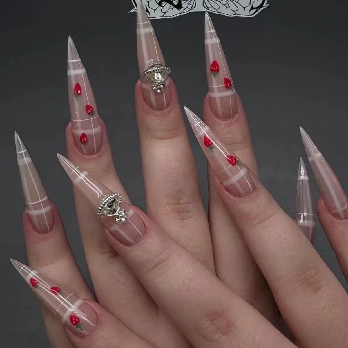 Ingvn  24Pcs Fashion Stiletto Press on Fake Nails with Rhinestone Y2k Almond False Nails Set Strawberry Design Full Cover Manicure Tips