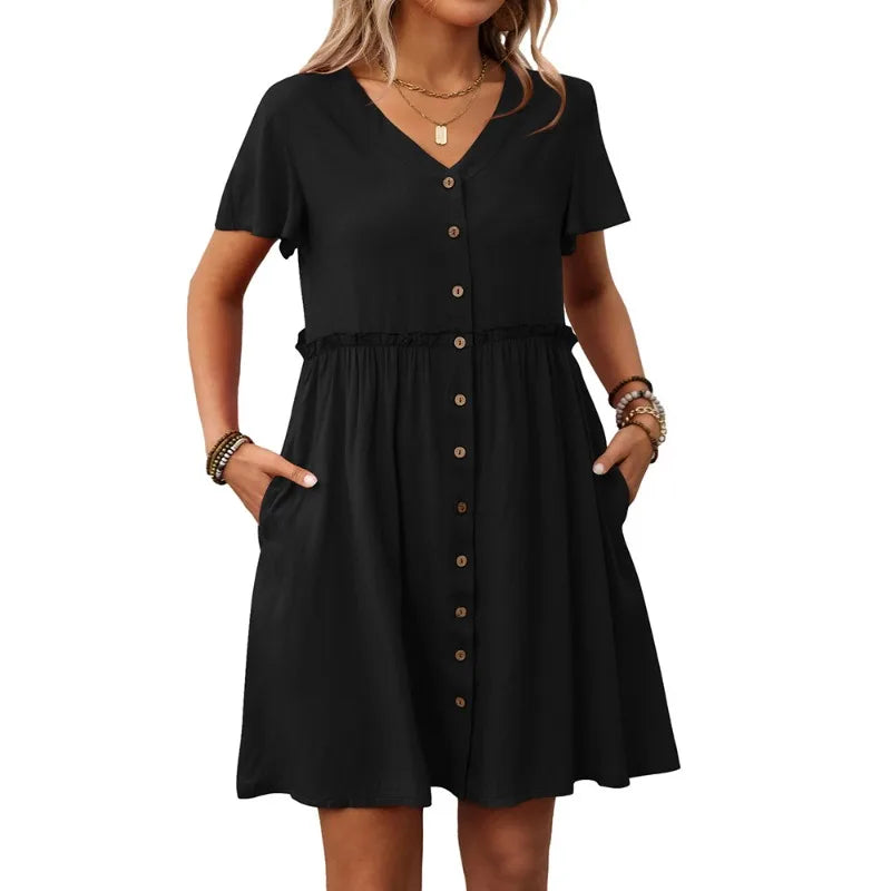 Ingvn  Summer New Women's V-neck Short-sleeve Ruffle Hem Dress