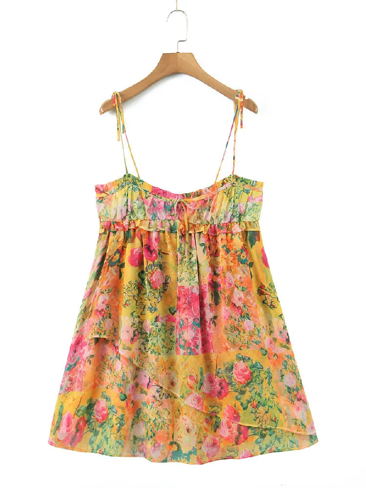 Ingvn  Women Bow Lacing up Sling Robe Holiday BOHO Ruched Chest Orange Flower Print Spaghetti Strap Mini Dress