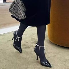 Ingvn  Star style Fashion Patent Leather Rhinestones Chains Women Pumps Elegant Pointed toe Ankle Strap Thin High heels Summer Shoes