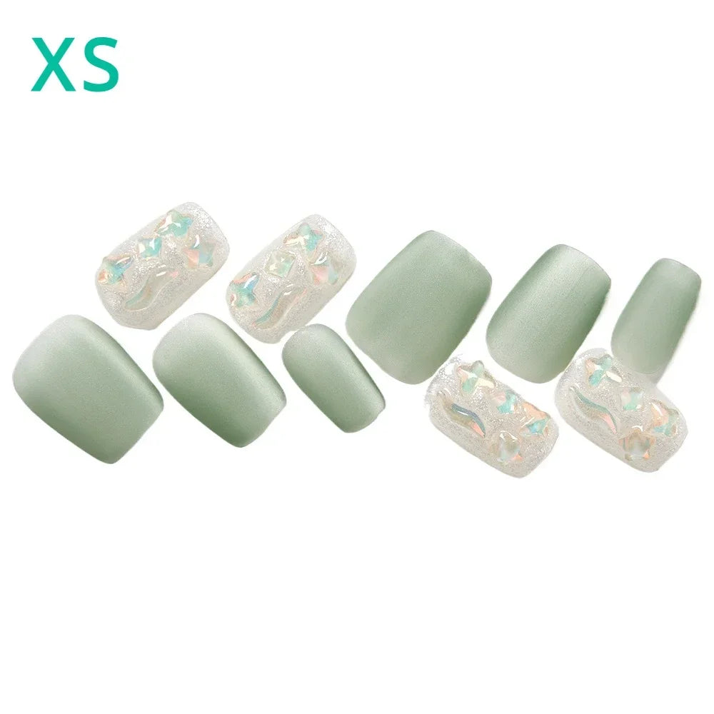 10pcs Handmade Green Gradient Fake Nails Short Square False Nails with Water Diamond Summer Cat's Eye Nails for Women and Girls
