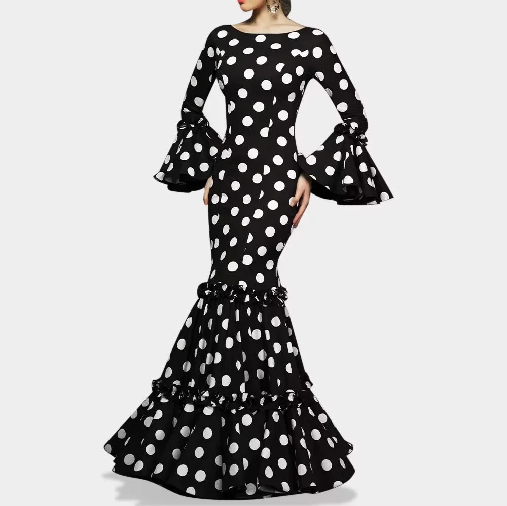 Ingvn  Polk Dot Print Long Dress for Women Flare Sleeve Ruffle Elegant Sexy Trumpet Dress Slim Round Neck Temperament Female Dresses