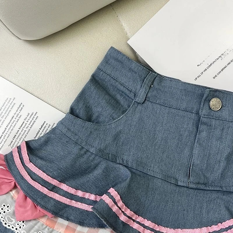 Ingvn  Preppy Style Lolita Kawaii Skirts Japanese Sweet Mini Women Harajuku Cute Ball Denim Y2K High Waist Lace Cake Skirts
