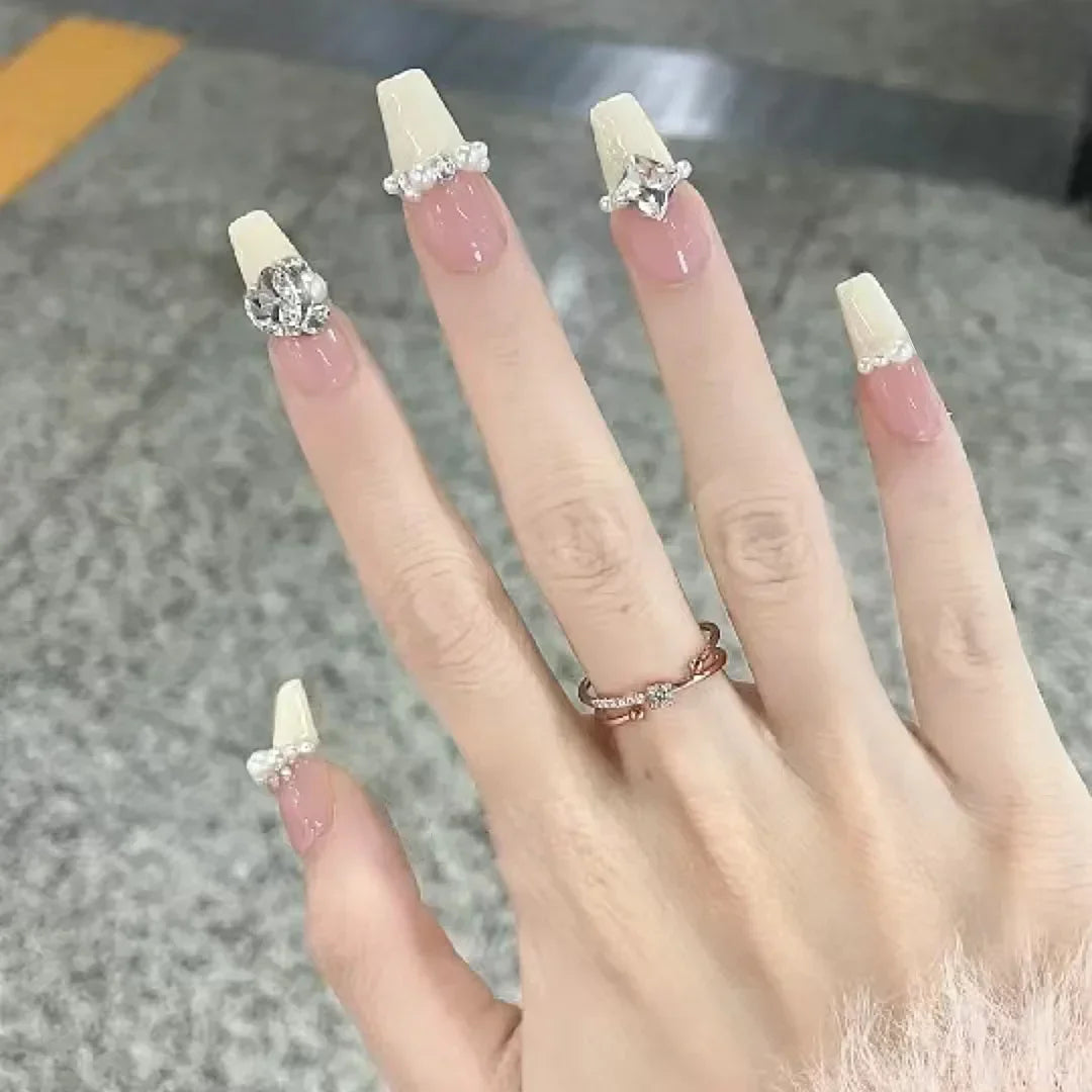 Ingvn  24Pcs Pink Ballet Fake Nails Full Cover Nail Tips Long Ballet False Nails with Rhinestone Chain Design Wearable Press on Nails