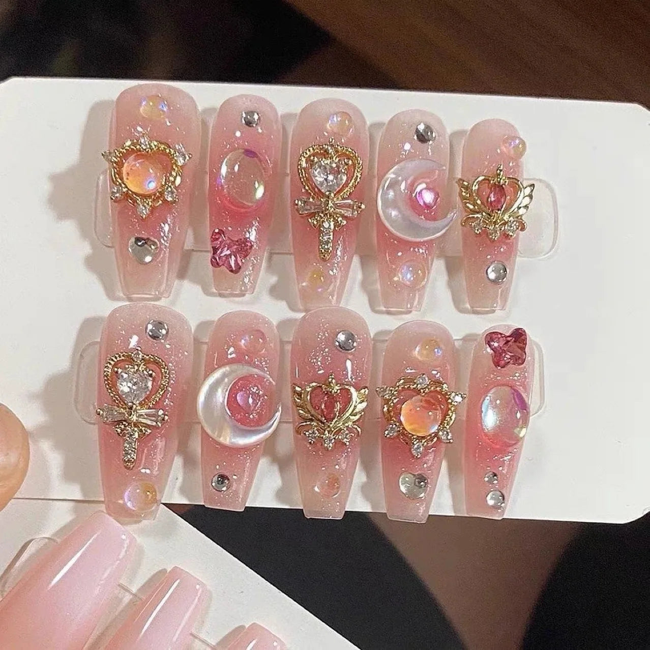 Ingvn  10Pcs Handmade Press on Nails Long Ballet Blue Fake Nails with 3D Ocean Moon Rhinestone Design False Nails Full Cover Nail Tips