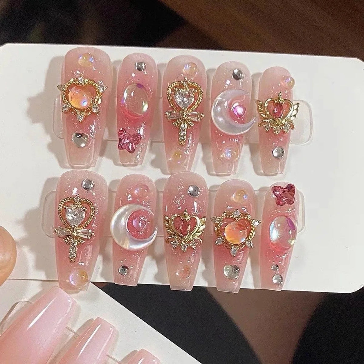 Ingvn  10Pcs Handmade Press on Nails Long Ballet Blue Fake Nails with 3D Ocean Moon Rhinestone Design False Nails Full Cover Nail Tips