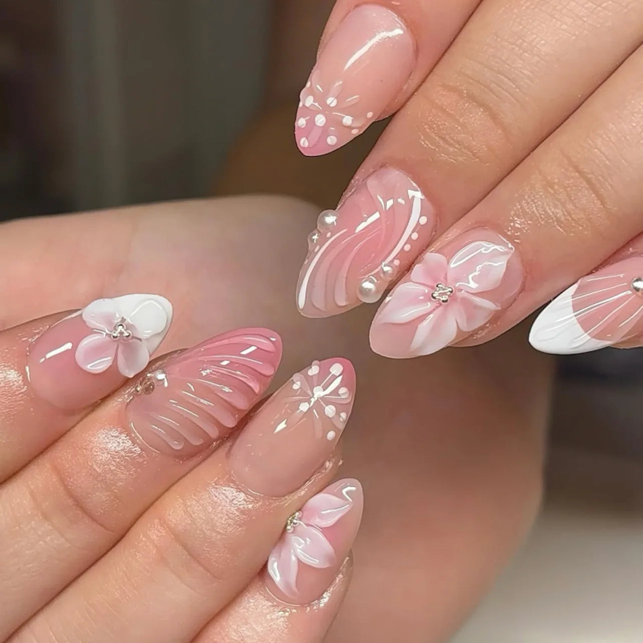 Ingvn  24Pcs Nude Pink Gradient French White Fake Nails Press on Mid-length Almond False Nail with Pearl Gold Chain Polka Dot Nail Tips
