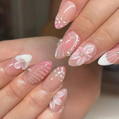 Ingvn  24Pcs Nude Pink Gradient French White Fake Nails Press on Mid-length Almond False Nail with Pearl Gold Chain Polka Dot Nail Tips
