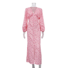 Ingvn  Elegant Printed A Line Dresses for Women V Neck Puff Sleeve High Waist Patchwork Single Breasted Slit Dress Female