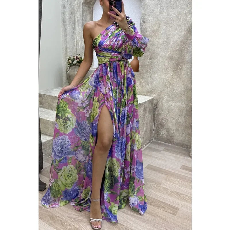 Ingvn  Autumn Women's Casual Long Sleeved Waist Tied  Off Shoulder Dress with Slanted Collar and Holiday Party Fashion Print Slit Dress