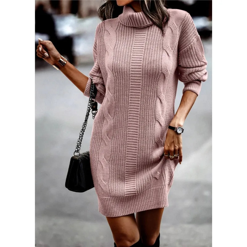 Ingvn  New Autumn Winter Solid Color High Collar Long Sleeve Hip-covered Sweater Women's Dress