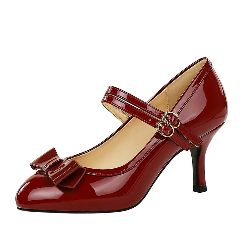 Ingvn  Lolita Style Sweet Bowknot Patent Leather Women Pumps Fashion Strap Buckle Mary Janes 7cm High heels Spring Summer Cosplay Shoes