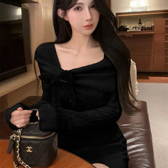 Ingvn - Women's Autumn Winter Solid Knit Dress Bodycon Sweater Coquette Versatile Mini Chic Trendy Warm Elegant Vintage