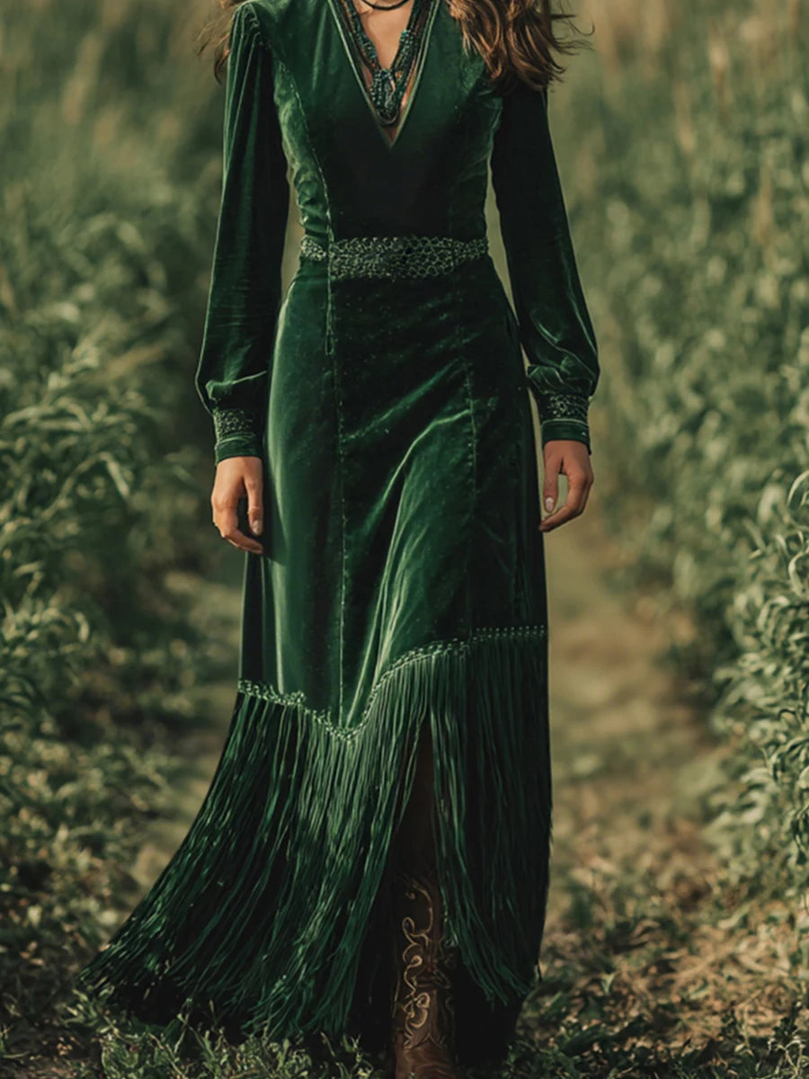 Ingvn  Elegant Women Velvet Dress Fringe Hem Sexy V Neck Long Sleeve Boho High Waist Long Sleeves A-Line Evening Party Maxi Dress