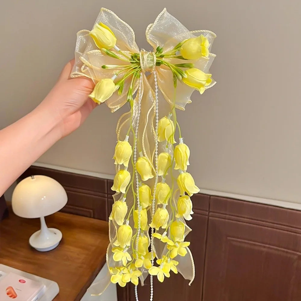 Ingvn  New Bell Orchid Ribbon Hair Clip Large Bow Soft Mesh Hair Barrettes Long Ribbon Tassel Design Bow Hair Clip For Girls