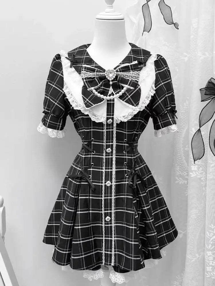 Ingvn  Sweet Bow Slim Shorts Set Women Subcultural Y2k E-girls Mini Dress Tops Lolita Japanese Style Fashion Plaid Dress Suit Chic