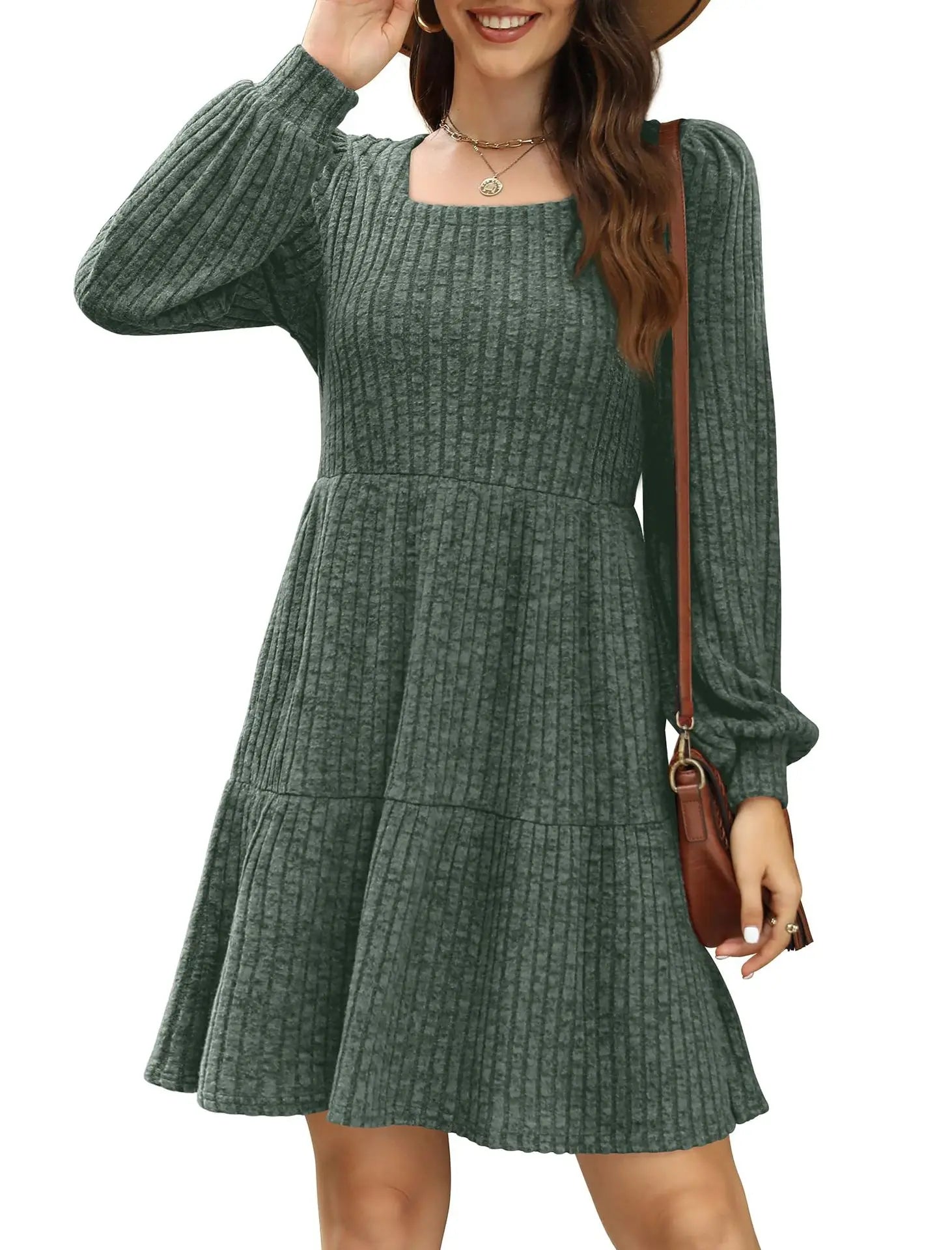 Ingvn  European and American Women's Square Collar Long Sleeve Autumn Dress Casual Baby Sweater