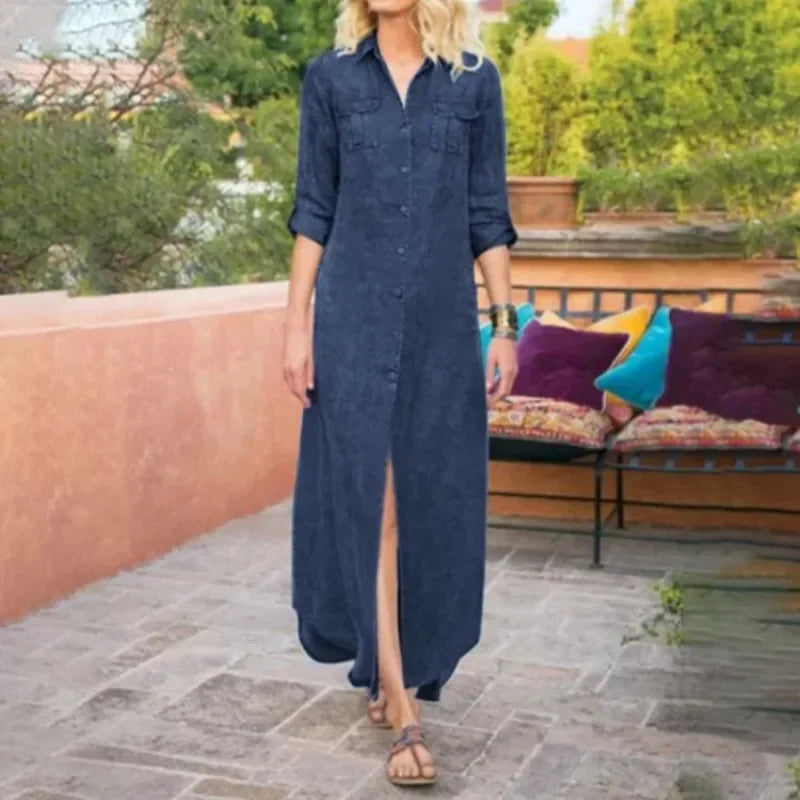 Ingvn  Women's Summer Solid Color Casual Pocket Denim Long Dress Fashionable Flip Collar Button Long Sleeve Denim Loose Long Dress