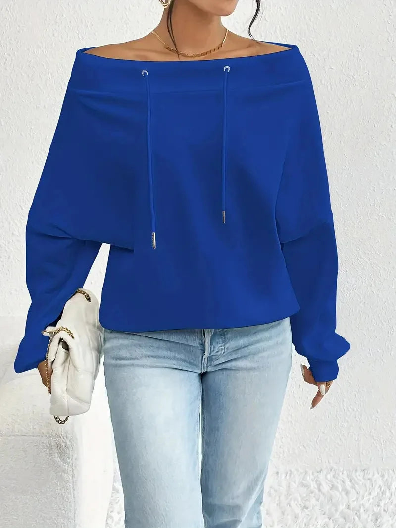 Ingvn - Women's Royal Blue Off-the-shoulder Boat Neck Sweatshirt Long Sleeve Drawstring Design Casual Fashion Loose Pullover