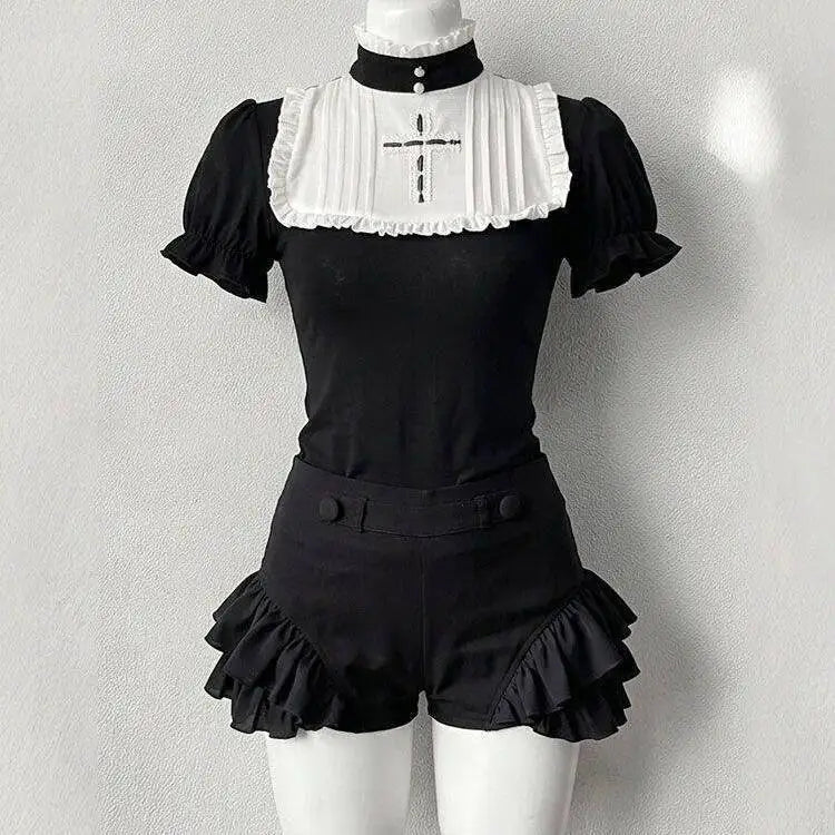 Ingvn  Gothic Vintage Two Piece Suit Women Japanese Lolita Slim Tops High Waist Black Shorts Y2K Girls Party Set chic