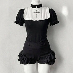 Ingvn  Gothic Vintage Two Piece Suit Women Japanese Lolita Slim Tops High Waist Black Shorts Y2K Girls Party Set chic