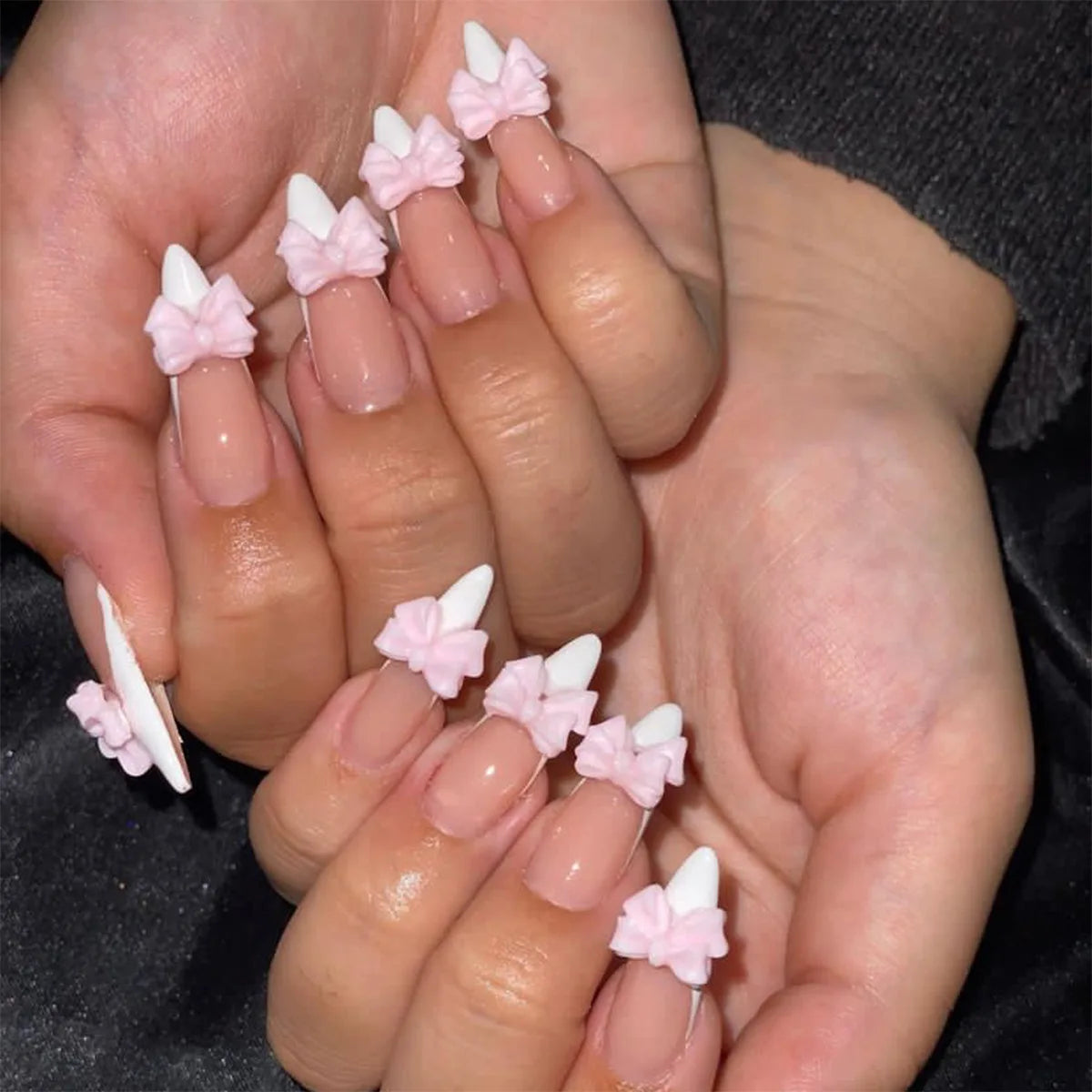 White French Press on Nails 3D Bowknot Designs Nude Color Fake Nails Wearable False Nails Tips for Women DIY Manicure 24Pcs