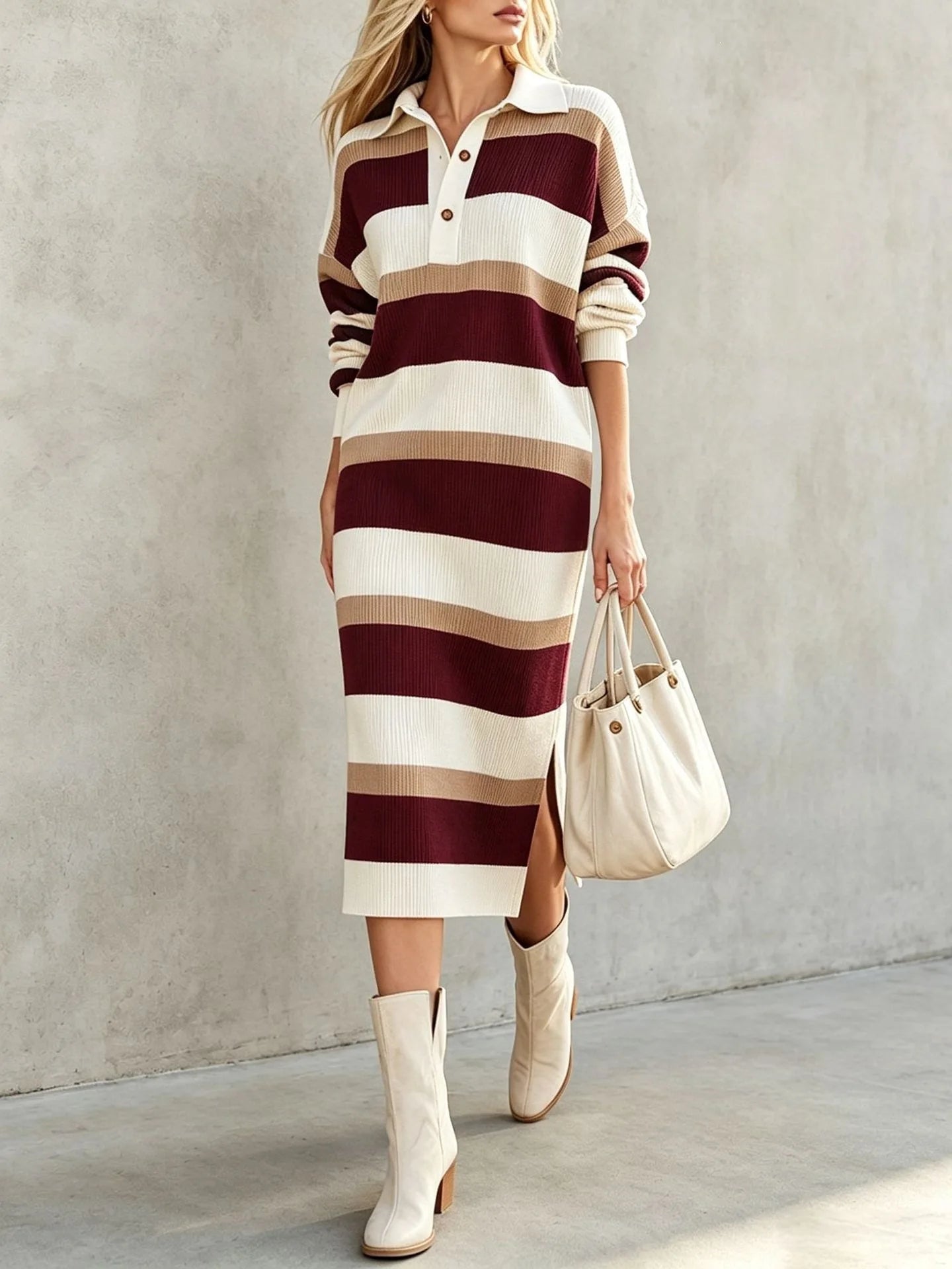 Ingvn - Women's Striped Knit Midi Dress Polo Collar Long Sleeve Button Color Block Loose Casual Autumn Winter Ladies Sweater Dresses