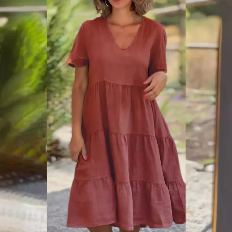 Ingvn  New European and American Summer Women's Clothing Fresh and Sweet V-neck Solid Color Large Sway Casual Skirt Dress