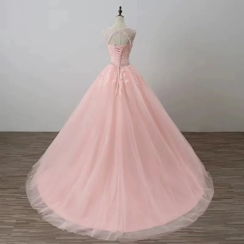 Ingvn - Pink O-Neck Appliques Ball Gown Quinceanera Dresses Beaded Masquerade Birthday Party Dress Customized Sweet Vestidos De 15 Anos