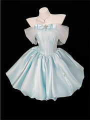Ingvn  Elegant Sweet Socialite Princess Blue Birthday Party Dress Off-shoulder Bow Mesh High-waist Puffy Short Dress Women Summer