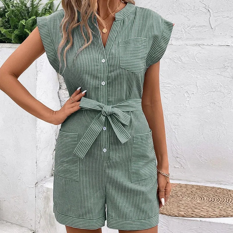 Ingvn  Summer Women's Clothing Casual Striped Short Sleeve Romper For Woman Elegant Commuter Playsuit Lightweight Cotton Capri Pants