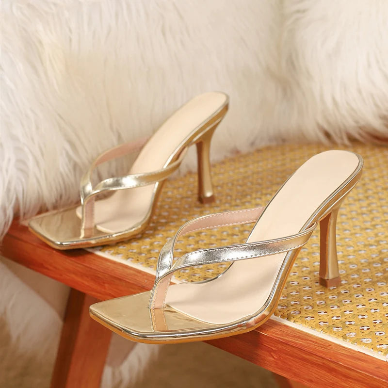 Ingvn  Summer Fashion Thin High Heels Slippers Women Square Clip Toe Beach Flip Flops Shoes Gladiator Sandals Female Mules Slides