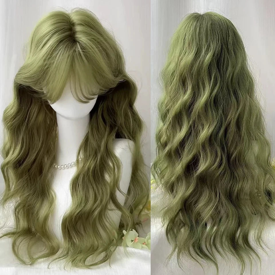 Ingvn  Long Wavy Pink Wig with Bangs Synthetic Cosplay Natural Lolita Purple Green Wig Halloween Costume Wig for Women Daily Wear