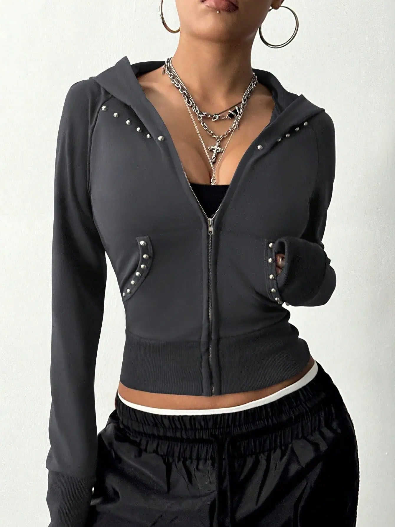 Ingvn - European American Style Spring Autumn New Hooded Womens Sweatshirt Fashion Trendy Slim Fit Versatile Beaded Cardigan Coat