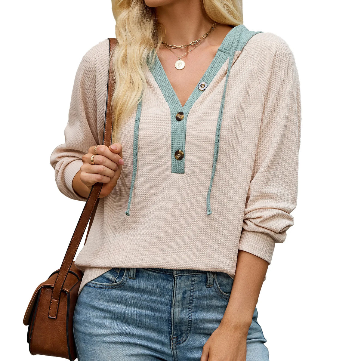 Ingvn  autumn/winter new solid color hooded button loose long sleeved hoodie for women Long-sleeved Sweatshirt for Women